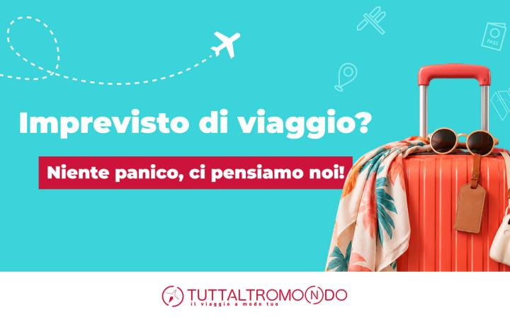 Valigia rossa da viaggio con scritta "Imprevisto di viaggio? Niente panico, ci pensiamo noi!" e logo Tuttaltromo(n)do.