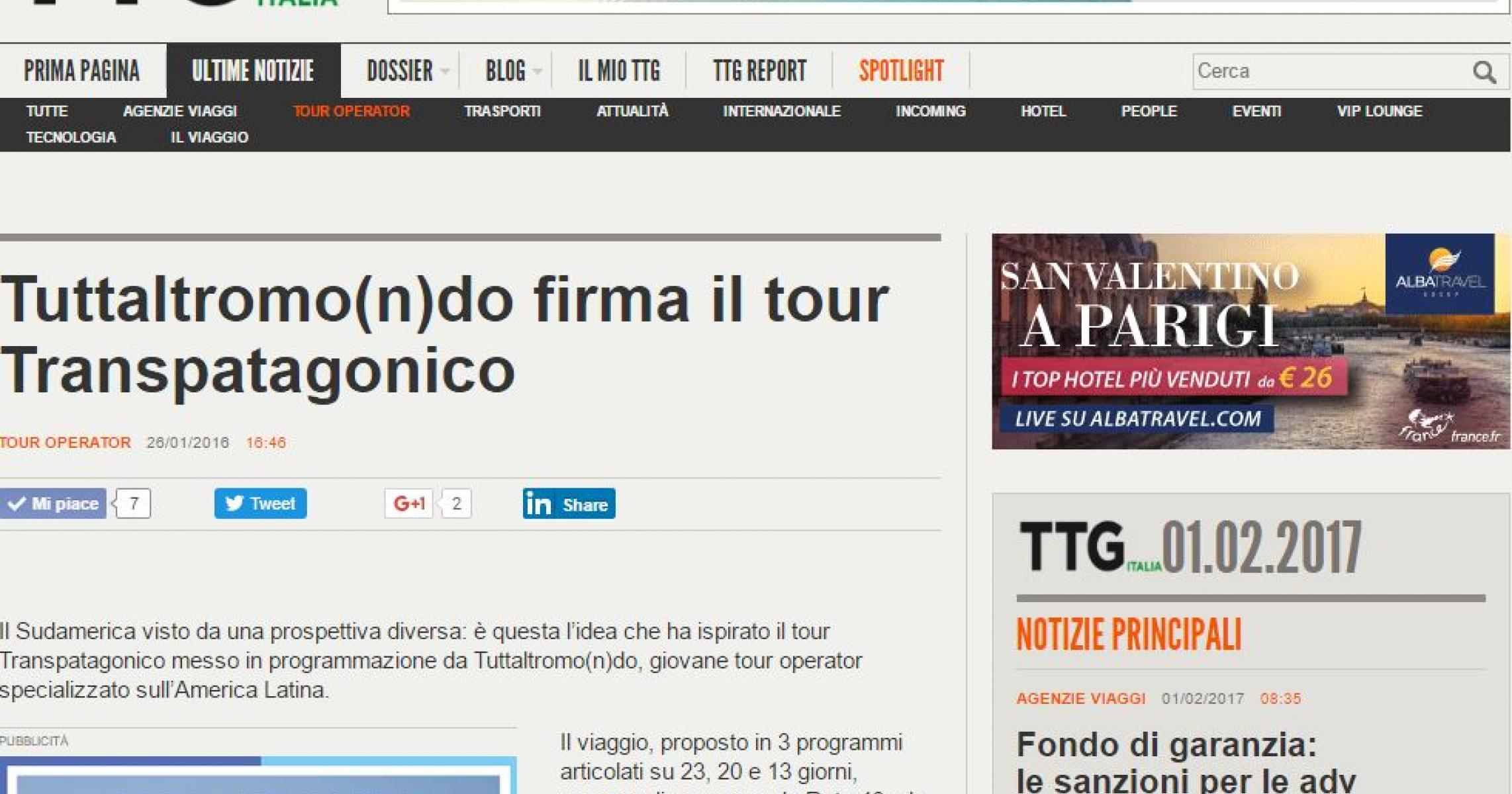 TTG ITALIA: TUTTALTROMO(N)DO FIRMA IL TOUR TRANSPATAGONICO