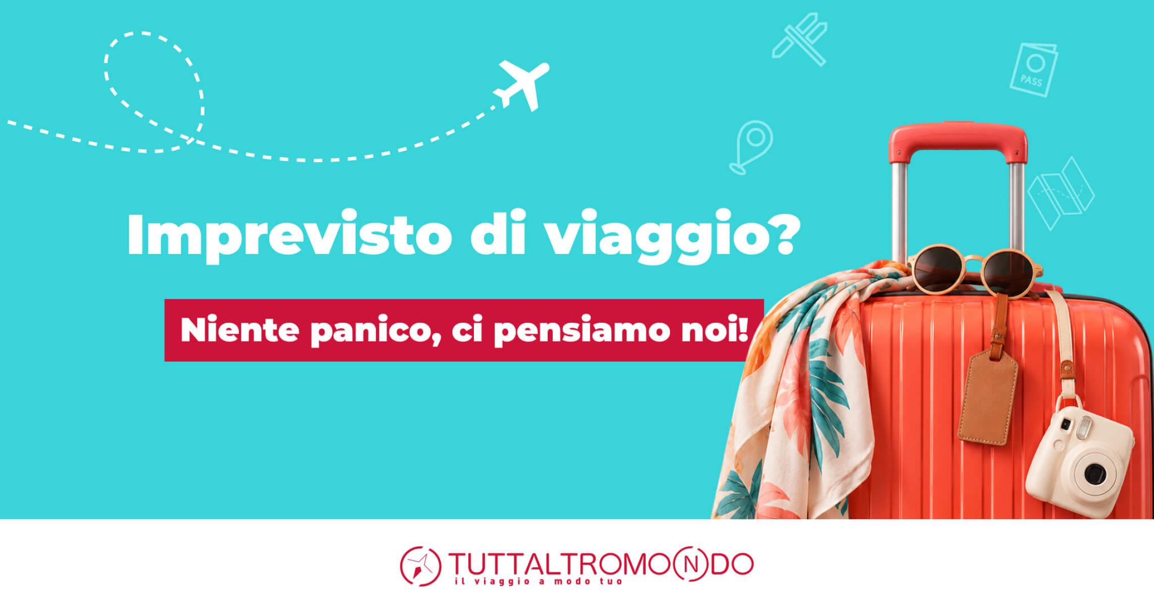 Valigia rossa da viaggio con scritta "Imprevisto di viaggio? Niente panico, ci pensiamo noi!" e logo Tuttaltromo(n)do.
